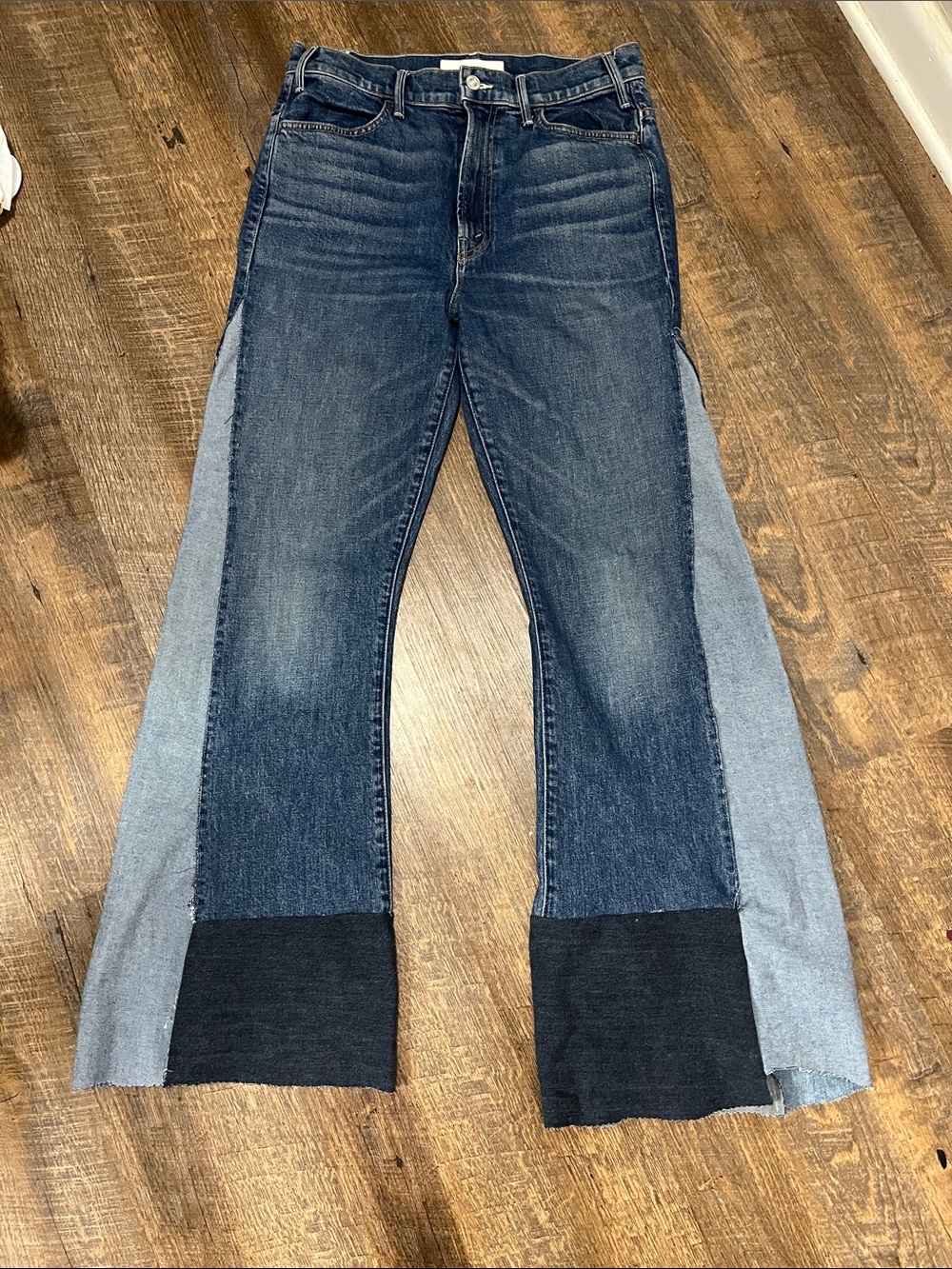 MOTHER Superior Side Panel Barrel Leg multi tone denim wide legs flared Jean